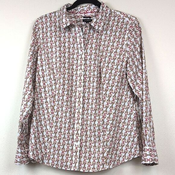 Talbots Non-Iron Equestrian Chain Print Button Front Shirt Top Size 12 - Picture 1 of 10